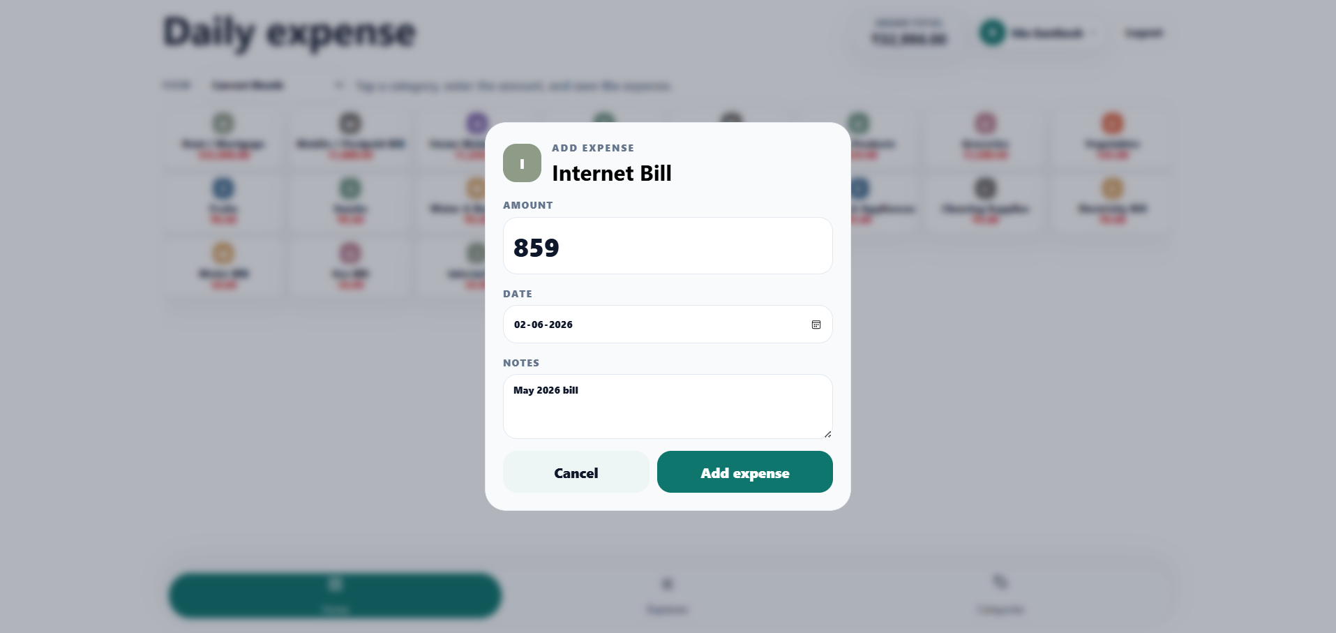 Daily Expense add expense popup