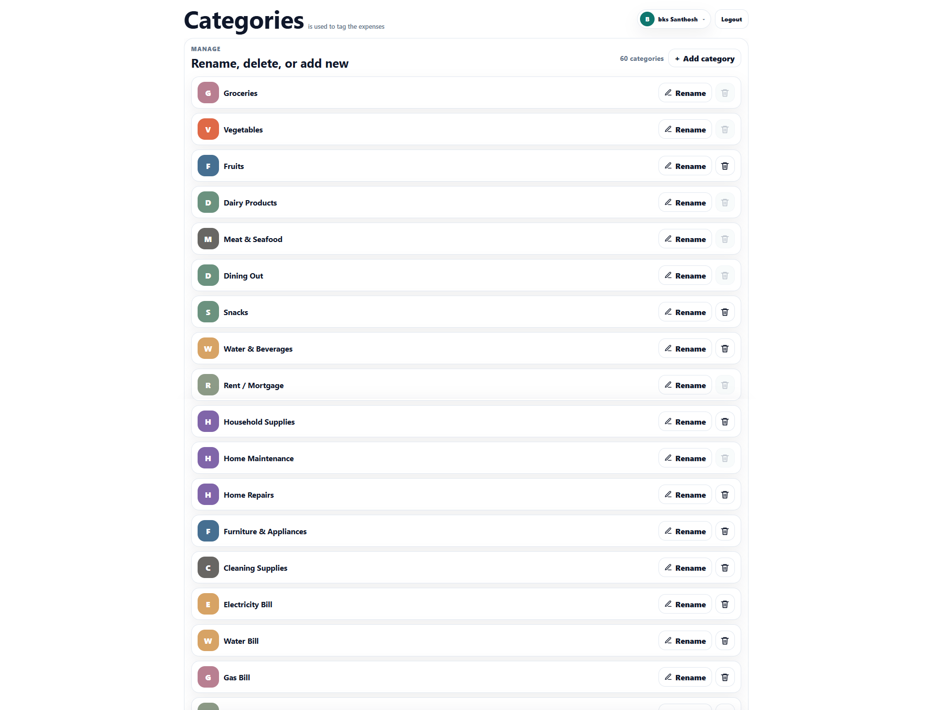 Daily Expense category management page